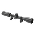 A black rifle scope with adjustment knobs and mounting brackets, shown at an angle on a plain white background.