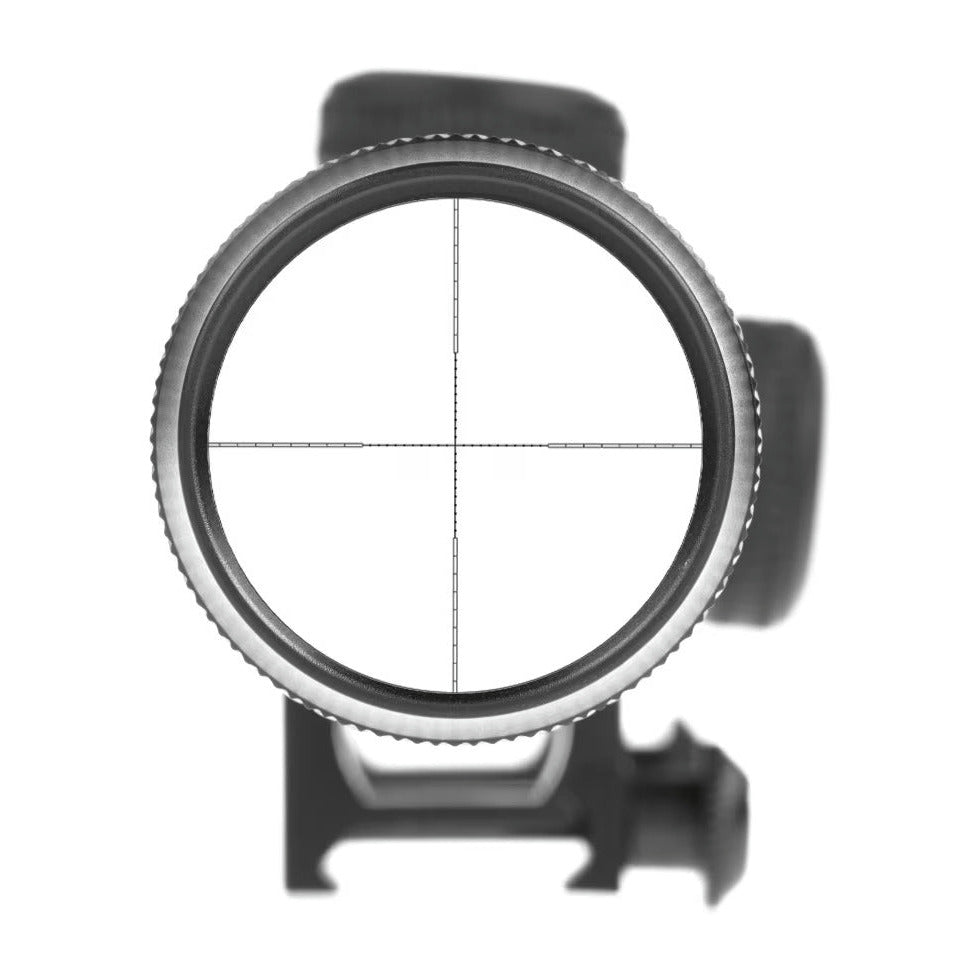 A close-up shot of a rifle scope with a black metal body and a crosshair reticle visible through the lens, isolated on a white background.